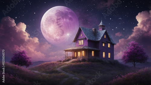Wallpaper Mural Enchanted purple house beneath a radiant moon in serene night landscape with glowing stars above. Torontodigital.ca