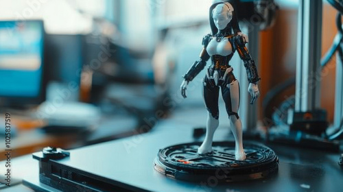 A 3D printer sits on a table, creating a tiny robot woman. The printer uses special resin to make the figure, and it looks like it's part of a DIY cosplay project. photo