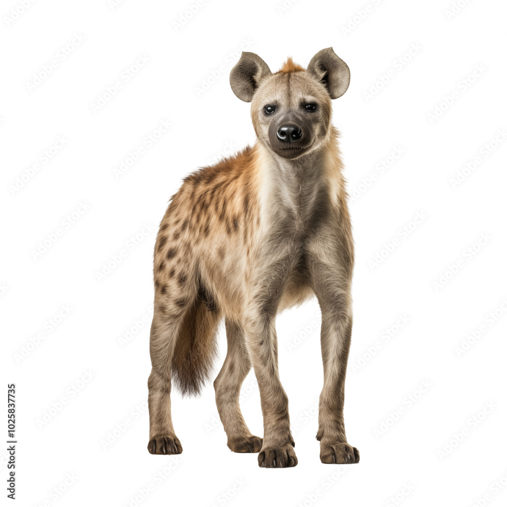 A young hyena standing upright against a plain transparent background, showcasing its distinctive coat and playful demeanor A young hyena standing upright against a plain transparent background, showcasing its distinctive coat and playful demeanor