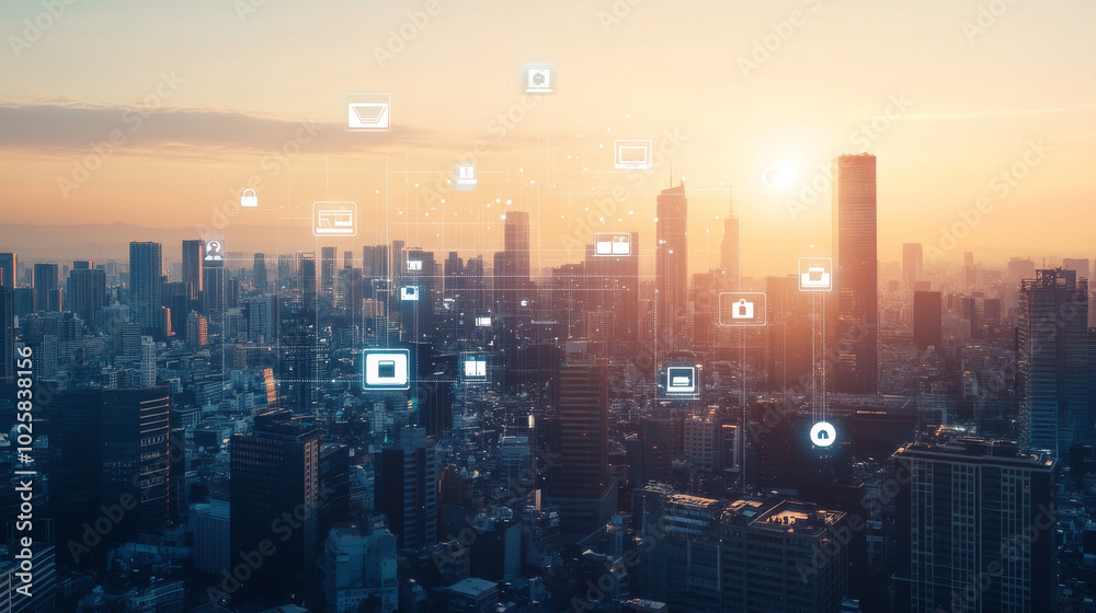 A futuristic city skyline bathed in sunlight, with icons representing online shopping connecting across the cityscape. A banner proclaims a Cyber Monday discount event. A futuristic city skyline bathed in sunlight, with icons representing online shopping connecting across the cityscape. A banner proclaims a Cyber Monday discount event.