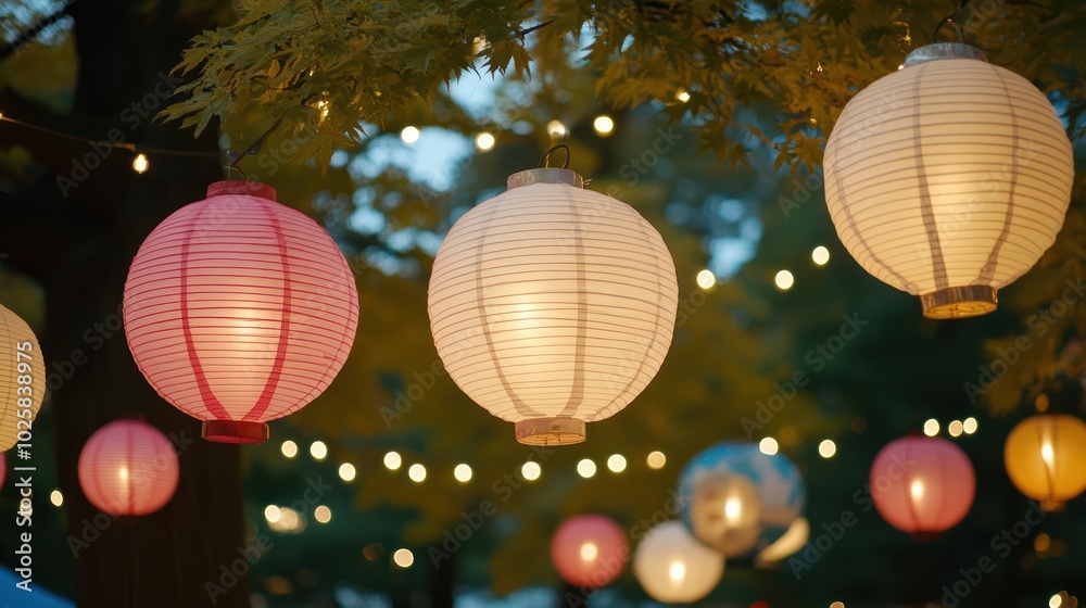 Fototapeta premium Colorful Paper Lanterns Hanging in Tree Branches
