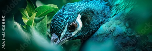  A tight shot of a peacock's head against a dark backdrop, green leaves in the foreground photo