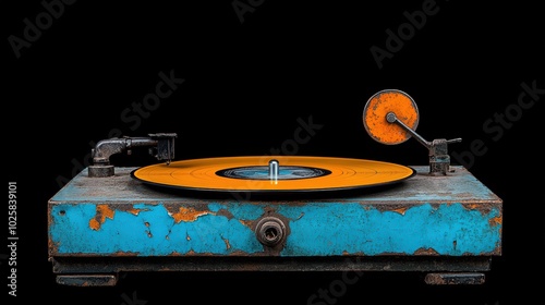 Vintage turntable with an orange vinyl record on a black background. photo