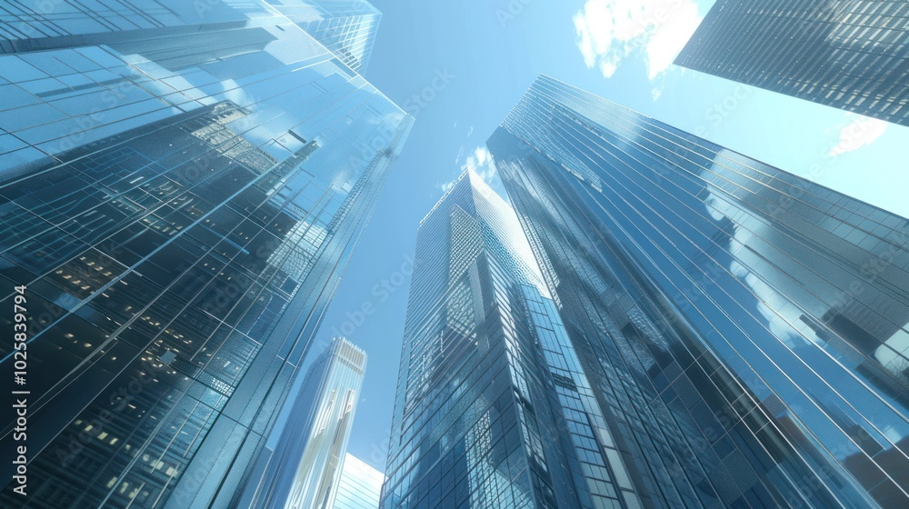 A Low Angle View of Tall Glass Buildings Against a Blue Sky