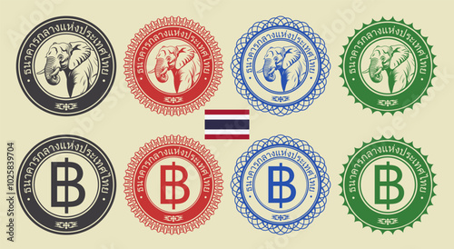 Vector graphic set of financial fictional seals. Round icons with elephant and baht symbol. Thai inscription means Central Bank of Thailand.