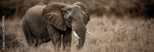  An elephant traipses through a tall-grass field, tusks jutting out, trees loom in the backdrop, brown grass precedes