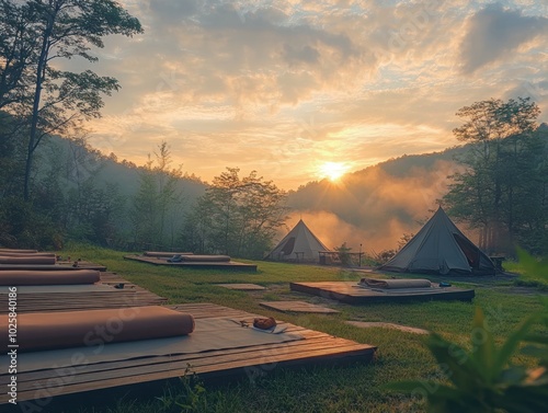 A serene scene of camping retreats for yoga and meditation, with outdoor yoga sessions at sunrise, meditation areas, and tranquil natural surroundings designed for relaxation and mindfulness photo