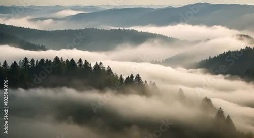 Fog Rolling Over a Mountainous Forest Ridge