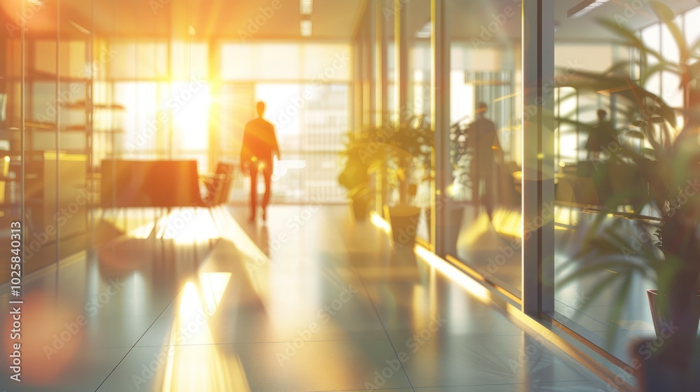 A Silhouette of a Person Walking Towards the Sun in a Modern Office Corridor A Silhouette of a Person Walking Towards the Sun in a Modern Office Corridor