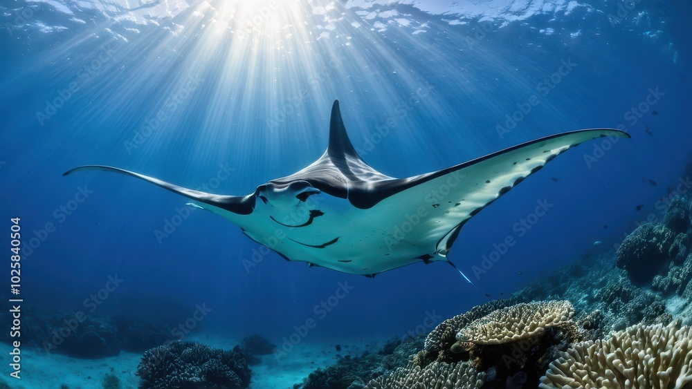 Naklejka premium Beautiful image of a mantarraya (stingray) swimming in crystal-clear waters above a coral reef, with sunlight streaming through the ocean. Ideal for nature, marine, and underwater photography themes
