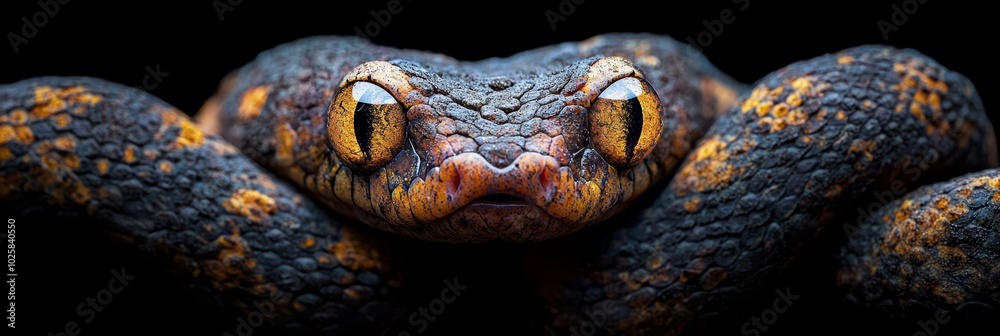 Fototapeta premium A tight shot of a snake's visage, adorned with orange and black markings around its face and eyes
