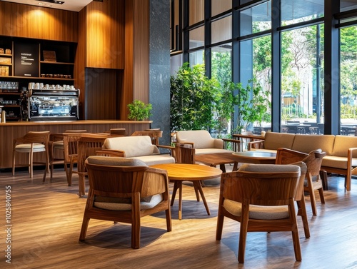 A sleek coffee shop furniture background, featuring stylish wooden chairs, tables, and sofas, arranged in a modern and comfortable layout