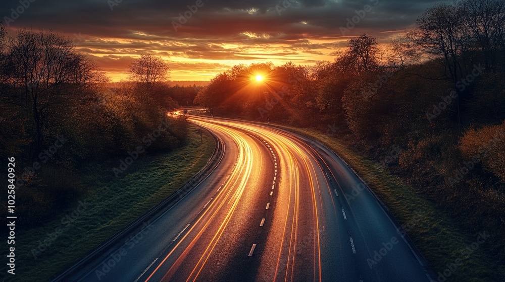 Naklejka premium Highway Streaks of Light at Sunset