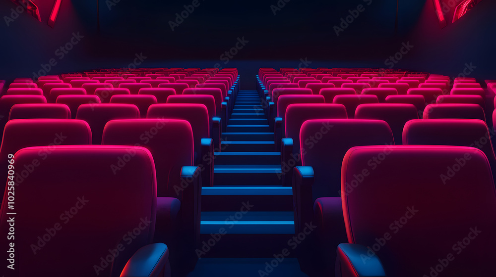 Obraz premium A movie theater with rows of red seats