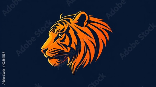 A stylized orange tiger head in profile, facing right, set against a deep blue background. photo