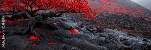  A tree with scarlet leaves stands out against a rocky terrain Behind it, a towering mountain backdrop looms In the foreground, a patch of red substance rests photo