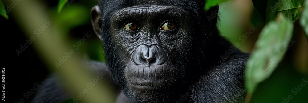 A tight shot of a monkey's expressive face with a bush of lush green foliage in the foreground and verdant leaves forming a backdrop in the background A tight shot of a monkey's expressive face with a bush of lush green foliage in the foreground and verdant leaves forming a backdrop in the background