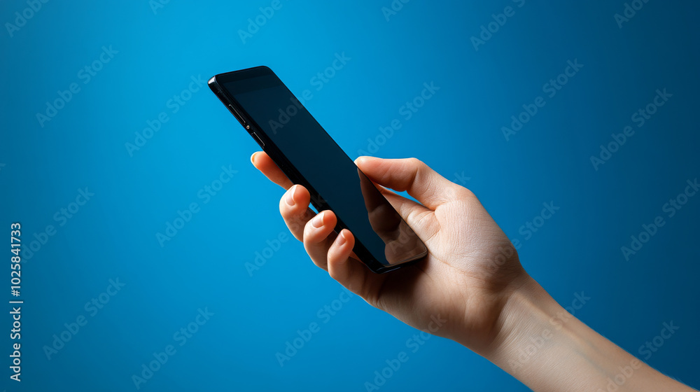A hand holds a black smartphone against a blue background. The fingers are touching the screen. The phone is held horizontally. A hand holds a black smartphone against a blue background. The fingers are touching the screen. The phone is held horizontally.