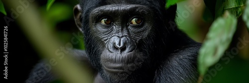  A tight shot of a monkey's expressive face with a bush of lush green foliage in the foreground and verdant leaves forming a backdrop in the background