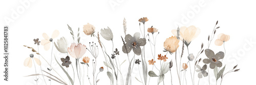 Wallpaper Mural Flower pattern. Cute watercolor flowers horizontal border isolated on white background. Illustration for card, border, banner or your other design. Vintage colors. Torontodigital.ca