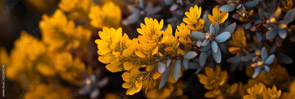 yellow blossoms prominent in the foreground, background blurred with similar hues yellow blossoms prominent in the foreground, background blurred with similar hues