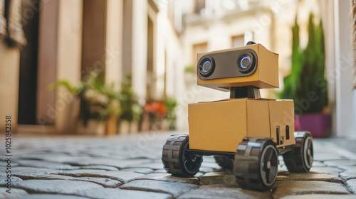 A small robot delivers a package in a cardboard box. The robot uses a map on your phone to find the delivery location. It's a convenient way to get things delivered online.