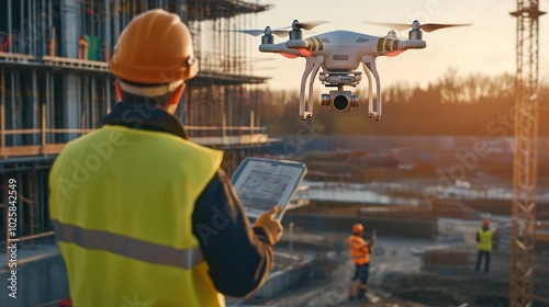 A strategic remote site management by construction worker visual, showing workers managing a construction site remotely using drones, AI-powered project management tools, 