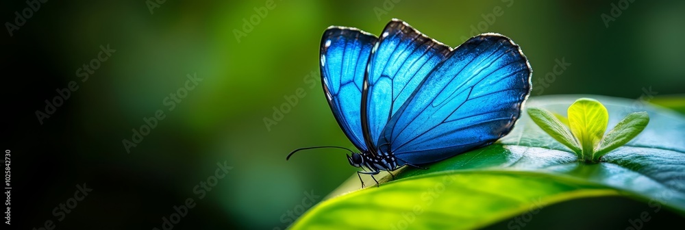 A blue butterfly perches on a green leaf In front, lush foliage Background softly blurred A blue butterfly perches on a green leaf In front, lush foliage Background softly blurred