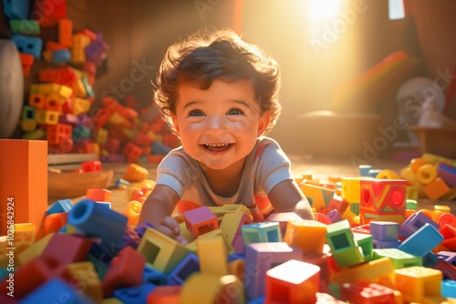  Cute happy little boy playing with colorful blocks