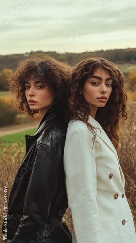 Two women with curly hair are standing next to each other in a field