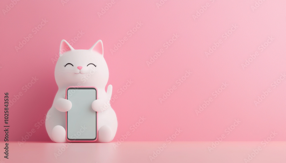 Cute cat figurine holding a smartphone on a pink background. Perfect for pet lovers and tech enthusiasts. Cute cat figurine holding a smartphone on a pink background. Perfect for pet lovers and tech enthusiasts.