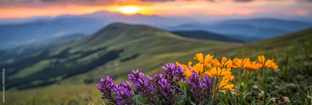 Fototapeta premium Wildflowers in foreground, mountain range in background, sunset behind