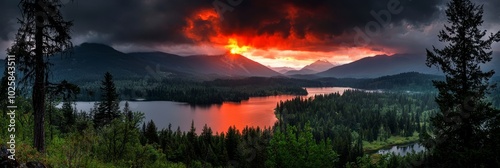  A red and orange sunset over a tranquil lake, encircled by trees and mountains