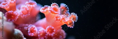  A tight shot of an orange-white sea anemone against a black backdrop, featuring bubbles on its dorsal surface photo