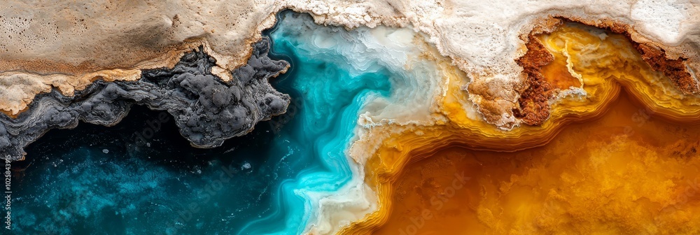 foreground, a blue water expanse; background, a yellow water mass foreground, a blue water expanse; background, a yellow water mass