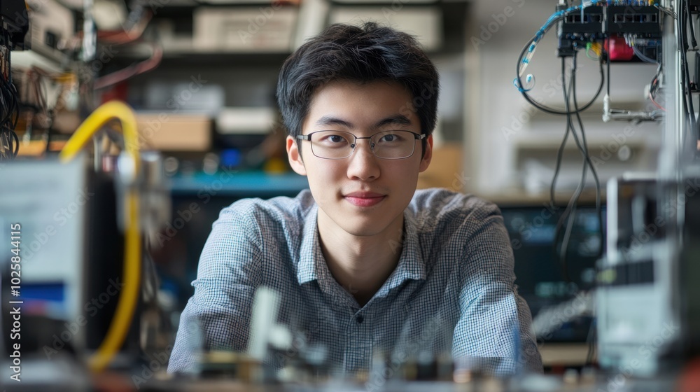 A tech-savvy Asian person in STEM fields, featuring the subject in a lab or working on cutting-edge technology, surrounded by scientific tools, computers, and code, A tech-savvy Asian person in STEM fields, featuring the subject in a lab or working on cutting-edge technology, surrounded by scientific tools, computers, and code,