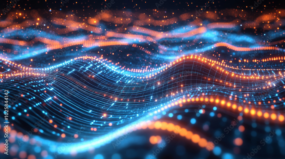 A 3D grid filled with glowing dots and particles shows a visual representation of big data. The wavy lines and patterns on the grid suggest the flow of digital information. A 3D grid filled with glowing dots and particles shows a visual representation of big data. The wavy lines and patterns on the grid suggest the flow of digital information.