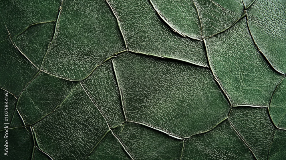 Vibrant green leather texture, rich surface detail, luxurious feel, ideal for design projects, backgrounds, and artistic applications, showcasing depth and character.