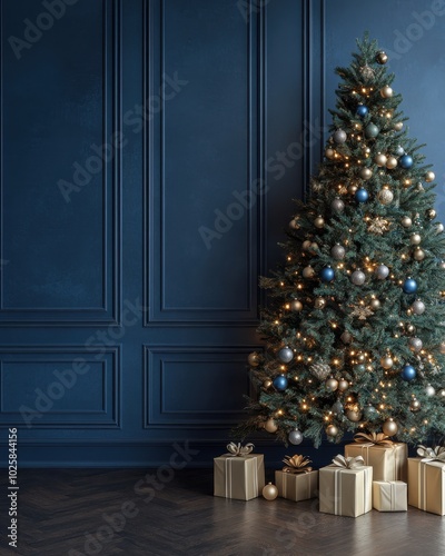 A large Christmas tree with gold and blue ornaments sits in front of a blue wall