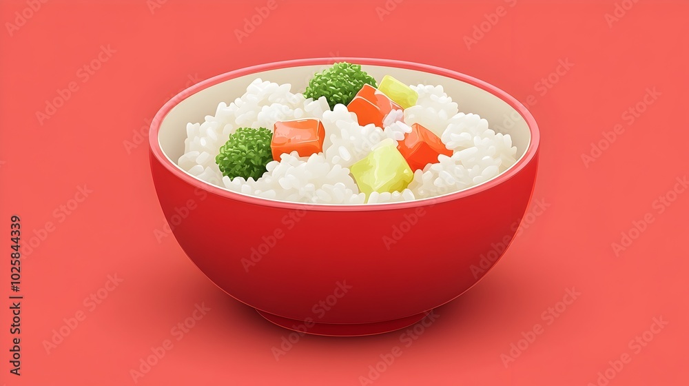 Colorful Stir-Fried Vegetables and Rice in Red Bowl on Minimalist Background Colorful Stir-Fried Vegetables and Rice in Red Bowl on Minimalist Background