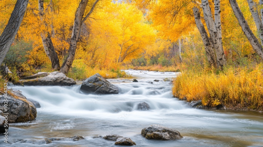 Autumnal Stream Flowing Through a Golden Forest Autumnal Stream Flowing Through a Golden Forest