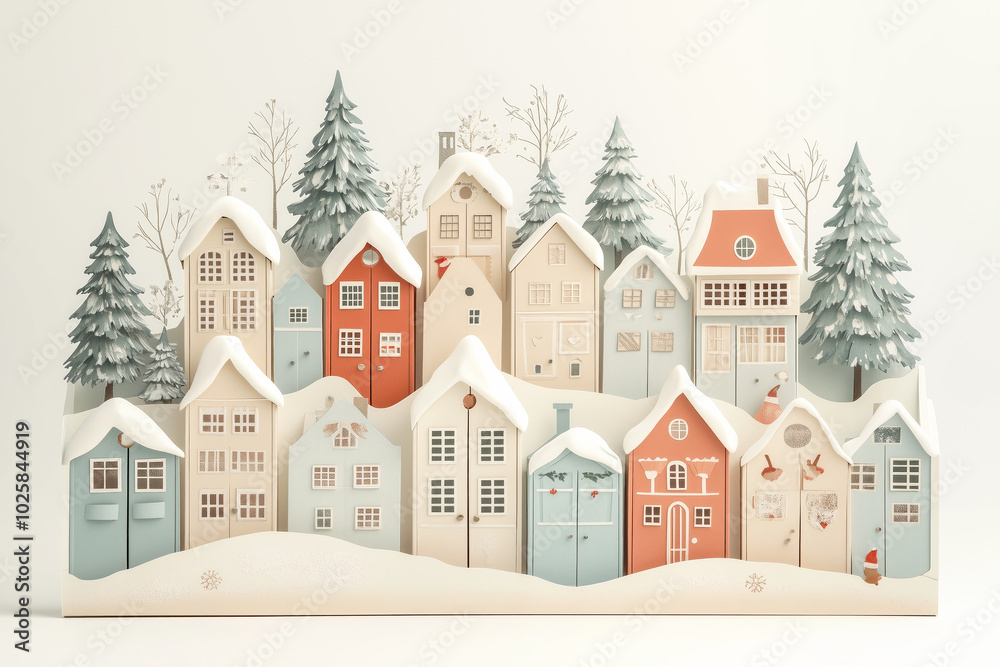 Miniature winter village with various houses, trees, and figurines on a white snowy background. Festive holiday decor Miniature winter village with various houses, trees, and figurines on a white snowy background. Festive holiday decor