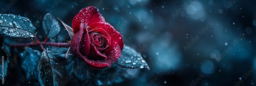 A red rose in close-up, dewdrops on its petals against a dark blue backdrop A red rose in close-up, dewdrops on its petals against a dark blue backdrop