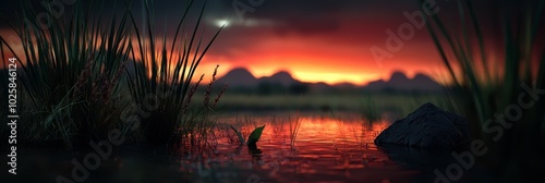  A sunset painting over a water body, foregrounded by grass, backgrounded by mountains
