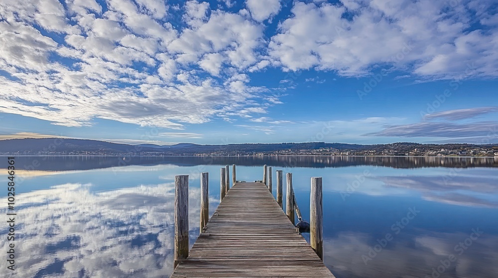Fototapeta premium Wooden Dock Extending into Calm Water with Mountains and Clouds Reflected in the Surface