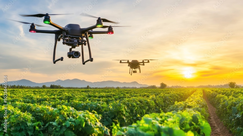 Two Drones Flying Over a Vineyard at Sunset Two Drones Flying Over a Vineyard at Sunset