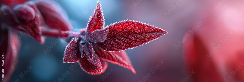 A red flower, focusened, on a branch against a backdrop of blurred red leaves and a blue sky A red flower, focusened, on a branch against a backdrop of blurred red leaves and a blue sky