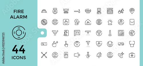 Fire alarm systems lone icons set. Related to smoke sensor, sprinkler, powder extinguishing module, fire alarm control panel and more, Editable stroke, pixel perfect icon collection.