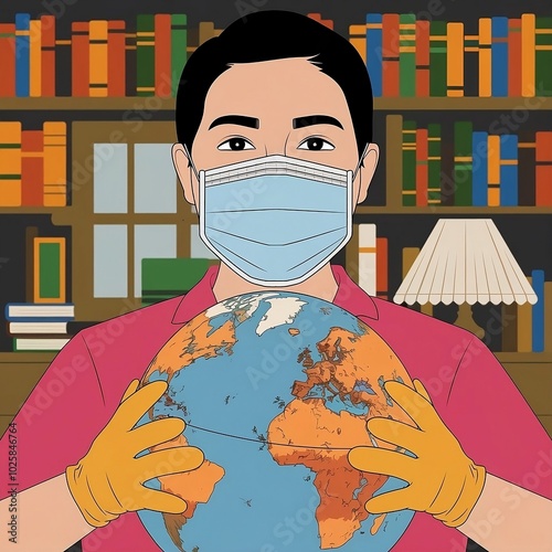 Individual Holding a Globe in a Library Setting, Wearing a Mask and Gloves for Safety