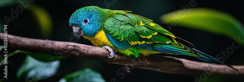  A vibrant bird perches on a tree branch, adjacent to a green and yellow foliage-covered branch In the backdrop, a dense, dark green leafy landscape prevails